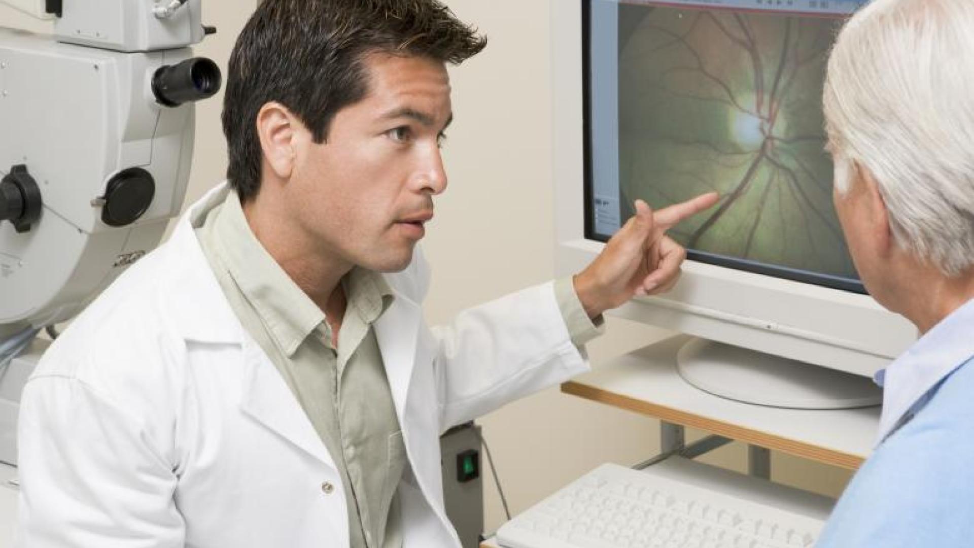 A doctor pointing to a photo of the optic nerve on his computer, while talking to a patient.