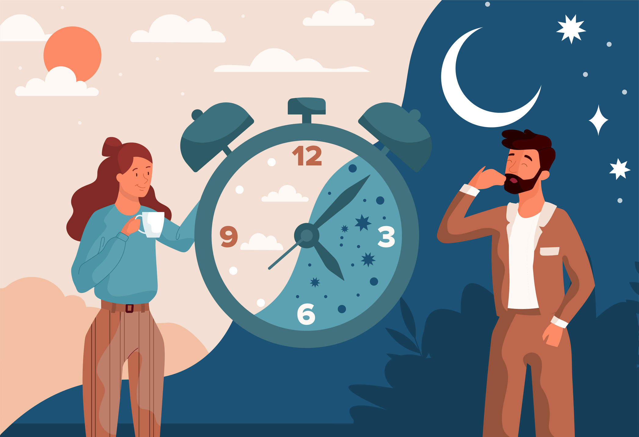 Circadian rhythm concept. Healthy day and night cycle. Man falls asleep, and woman turns off the alarm clock and falls asleep. Cartoon modern flat vector illustration isolated on colorful background.