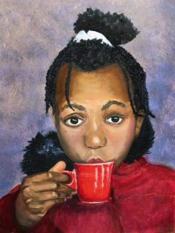 Painting of a young girl drinking out of a red coffee or tea cup.