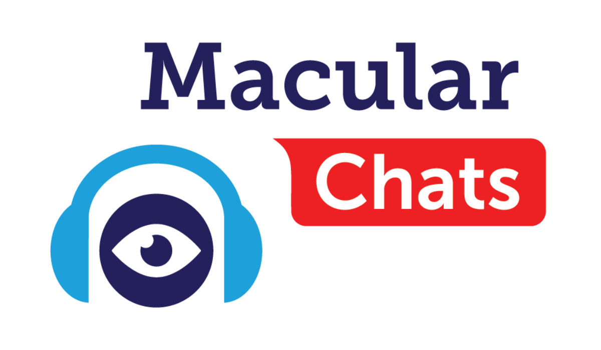 Designed logo for Macular Chats with the name of the program and an icon of an eye wearing headphones to represent this audio series.