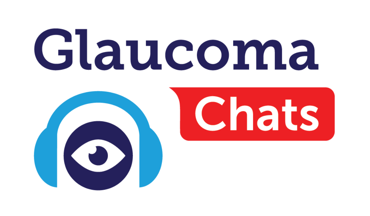 Designed logo for Glaucoma Chats with the name of the program and an icon of an eye wearing headphones to represent this audio series.