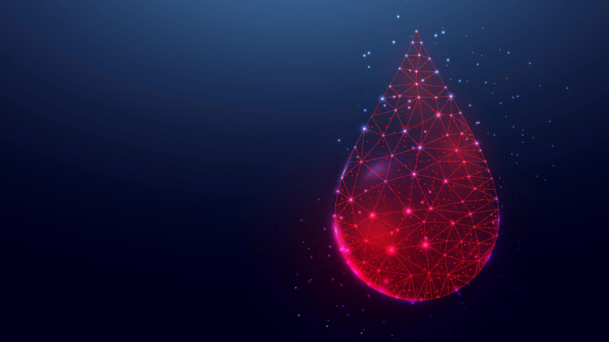 Digital artwork of a glowing red geometric pattern shaped like a water drop against a dark blue background with subtle star-like speckles.