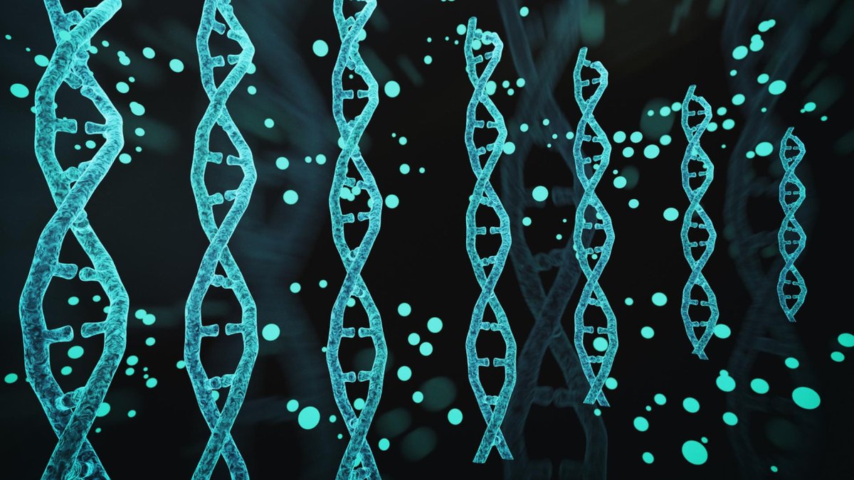 Several glowing blue DNA strands are depicted in a row against a dark background, with floating teal circles resembling genetic data points or molecular structures.