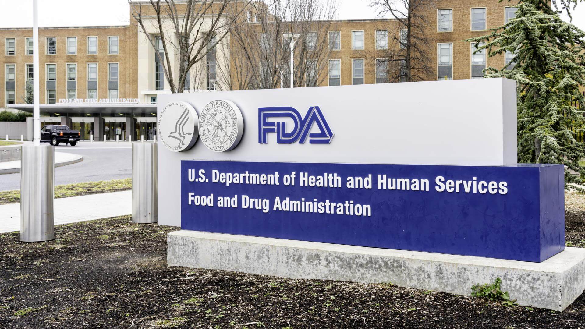 FDA sign outside building that reads, "U.S. Department of Health and Human Services, Food and Drug Administration."