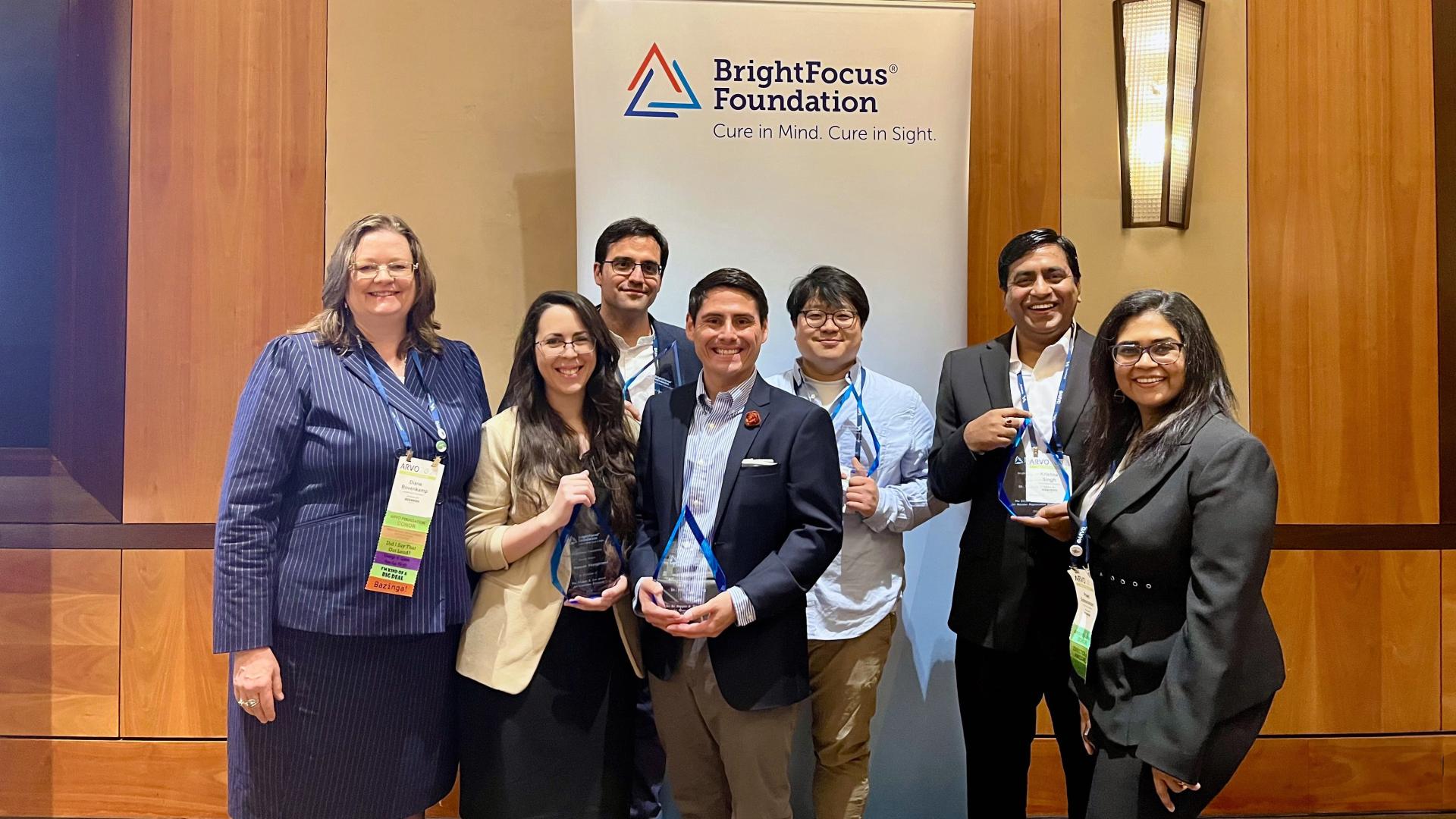 2024 award recipients with BrightFocus staff. From left: Diane Bovenkamp, PhD, BrightFocus; Hannah Youngblood, PhD; Miguel Flores Bellver, PhD; Samuel Herberg, PhD; John Han, PhD; Krishna Singh, PhD; and Preeti Subramanian, PhD, BrightFocus.