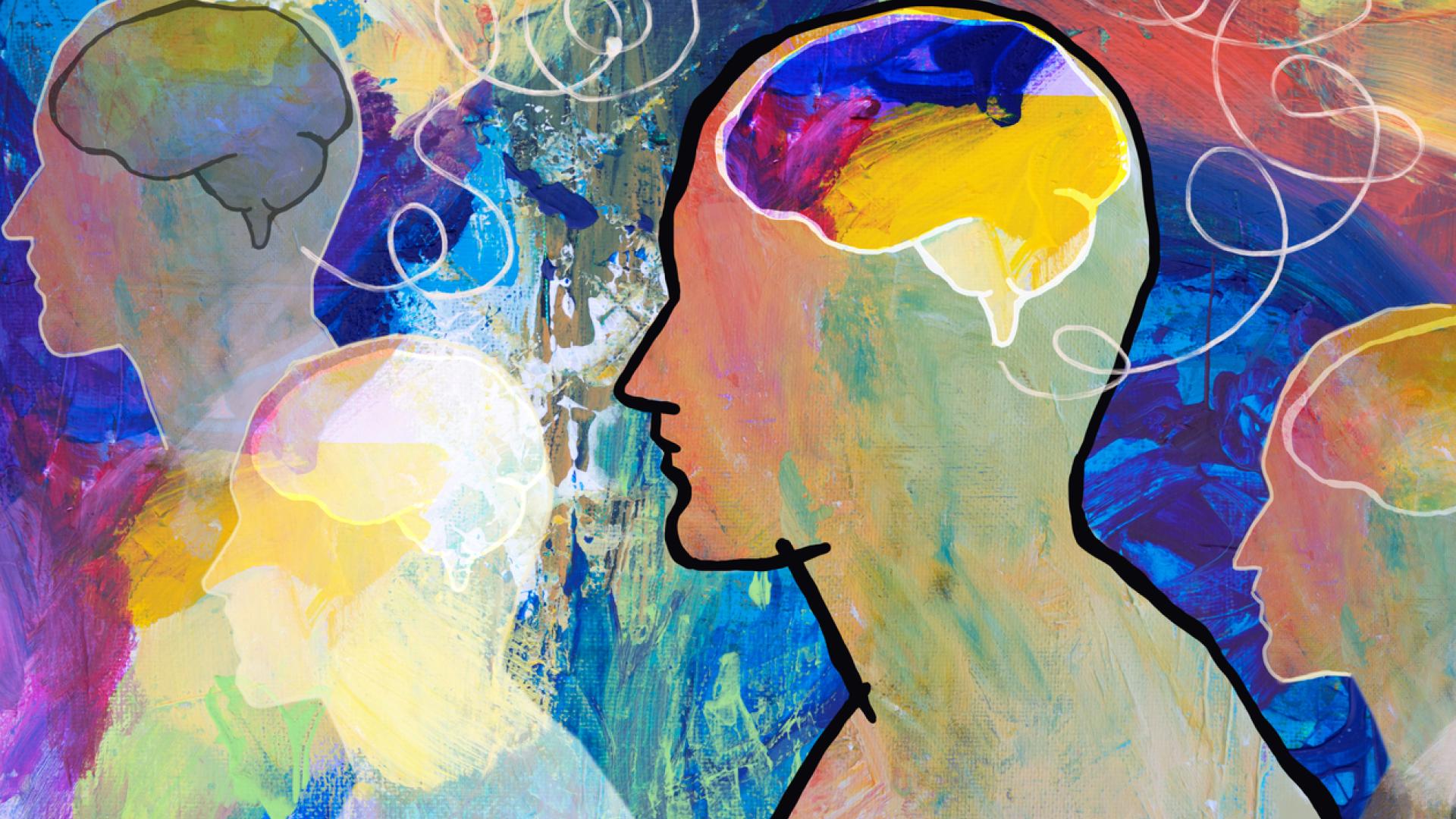 A colorful abstract painting of human head silhouettes showing their brains.