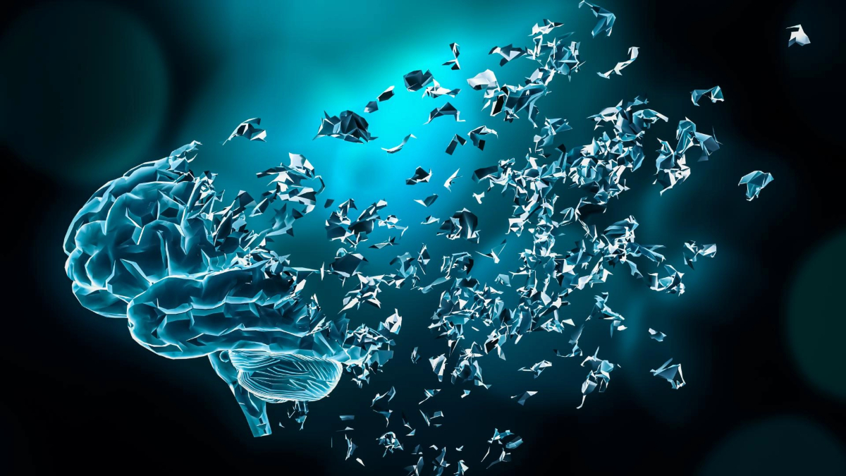 Illustration of a human brain disintegrating into fragments that resemble flying papers, set against a dark blue backdrop with a glowing effect.