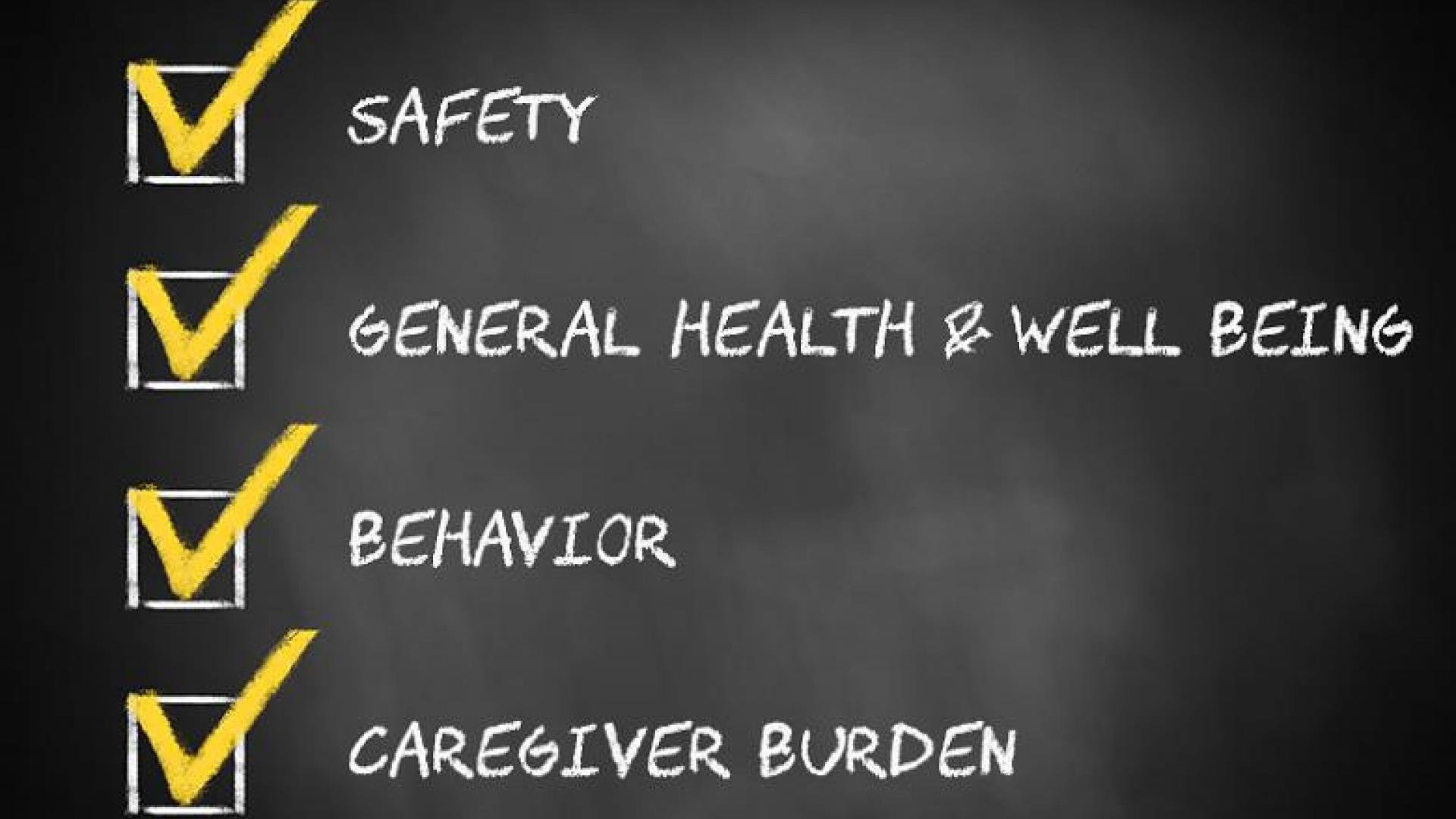 A checklist with four items written on a blackboard: 'Safety,' 'General Health & Well Being,' 'Behavior,' and 'Caregiver Burden,' each with a yellow check mark next to them.