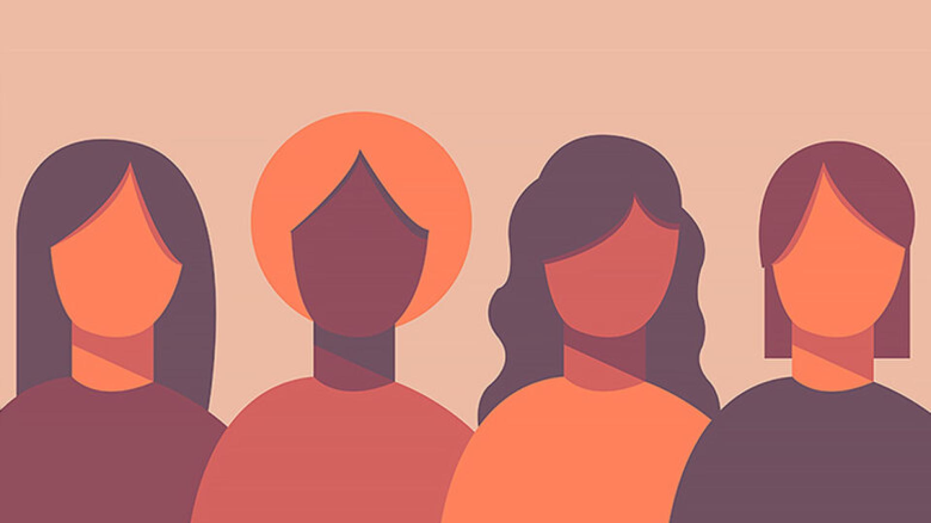 a flat drawing of four faceless women with different skin tones