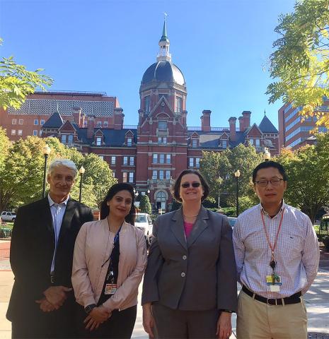 Diane Bovenkamp, PhD, Vice President for Scientific Affairs at BrightFocus Foundation (second from right) visits newly-announced BrightFocus grantees at Johns Hopkins.