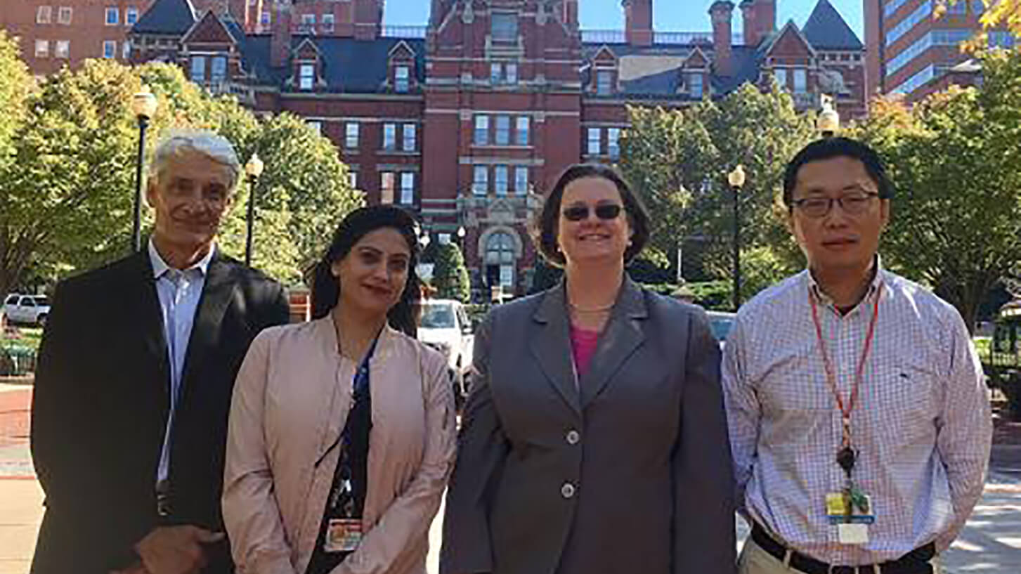 Diane Bovenkamp, PhD, Vice President for Scientific Affairs at BrightFocus Foundation (second from right) visits newly-announced BrightFocus grantees at Johns Hopkins.