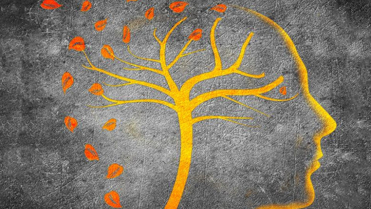 Graphic representation of a human head in profile, with a tree shaped as the brain. The tree has orange leaves, some of which are falling, against a textured gray background.