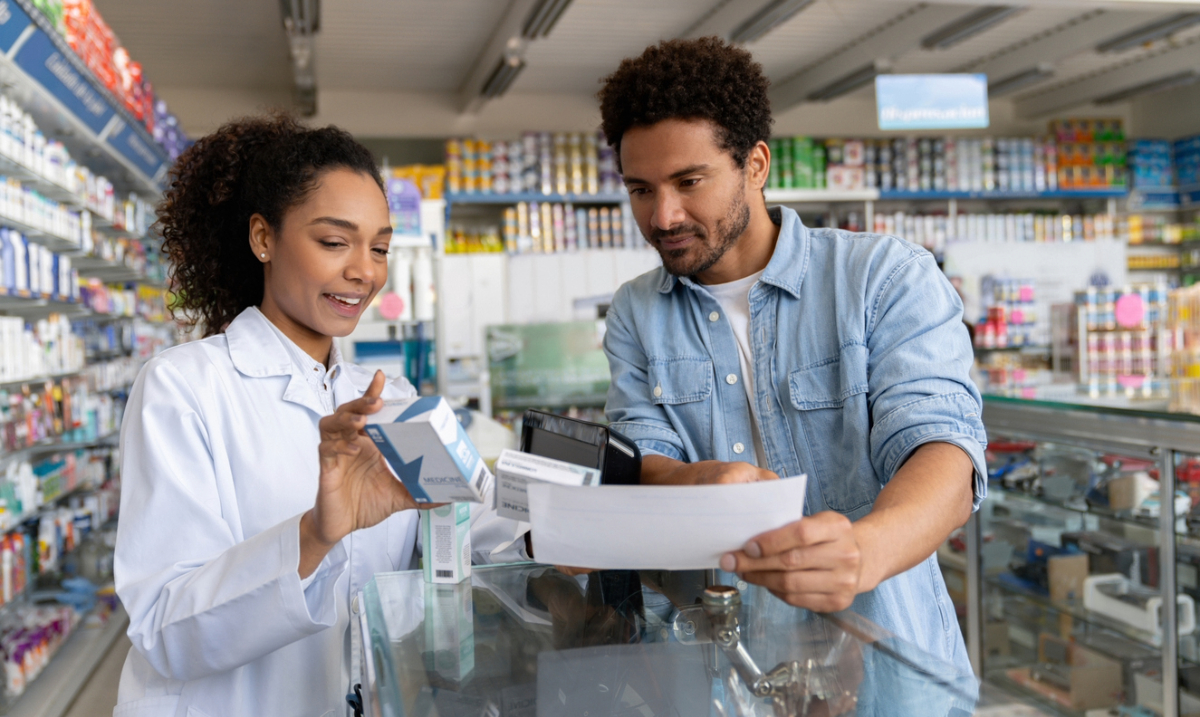 Generate by AI Assist Pharmacist assisting a customer with medication in a pharmacy.