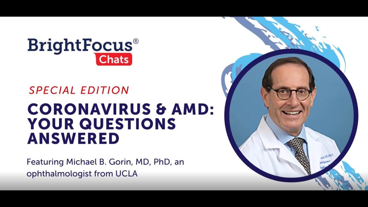 A thumbnail image for a video titled "Coronavirus & AMD: Your Questions Answered," featuring a doctor in a white lab coat. The video is part of the "BrightFocus Chats" series with a focus on coronavirus and age-related macular degeneration.