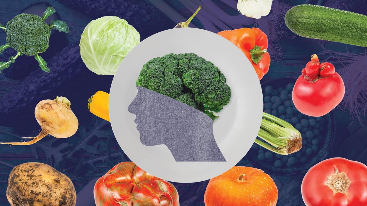 Illustration of a human head silhouette made out of green broccoli on a white plate, surrounded by various colorful vegetables, symbolizing brain health and nutrition.