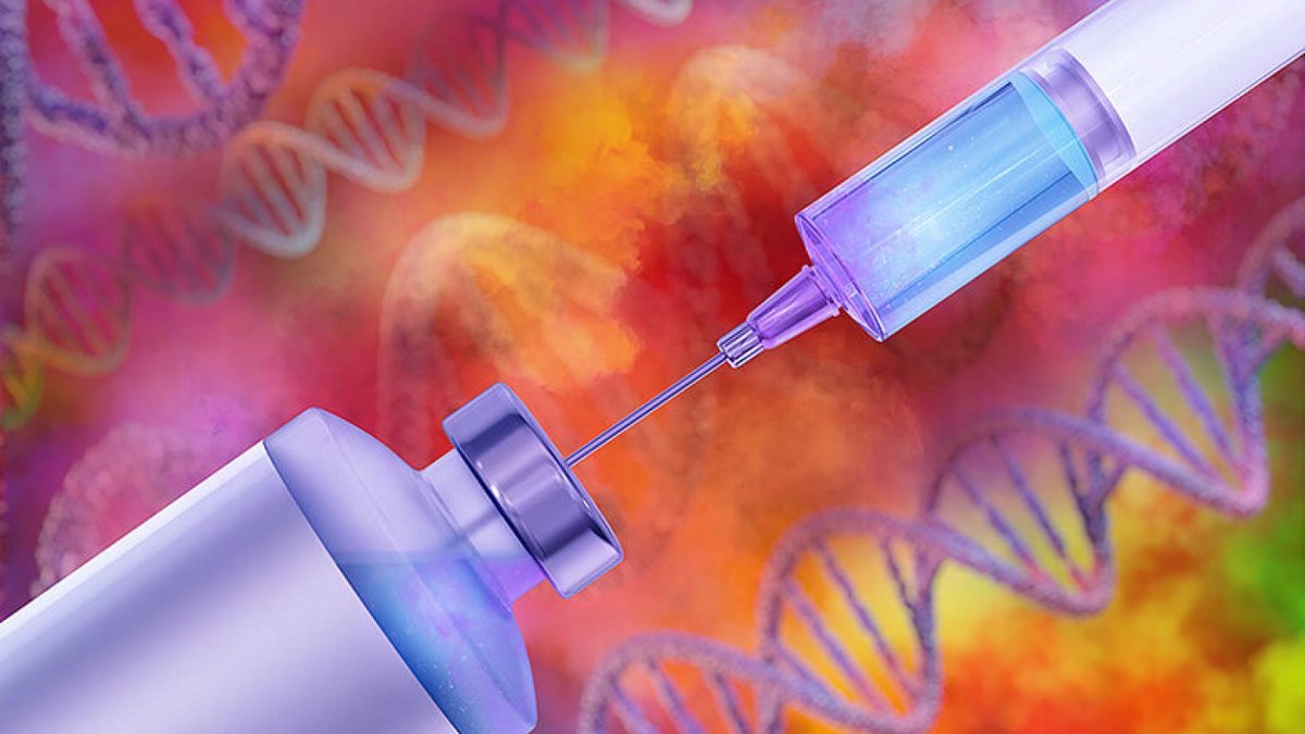 Illustration of a syringe and vaccine vial against a colorful background with a DNA strand, symbolizing gene therapy for macular degeneration.