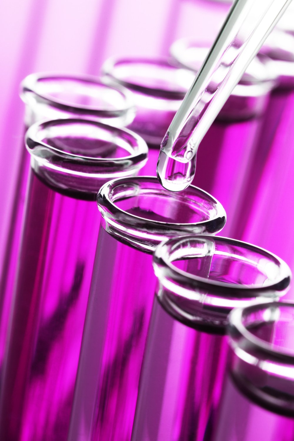 Close-up of a pipette dropping liquid into a row of test tubes filled with a vibrant pink solution, set against a laboratory background.