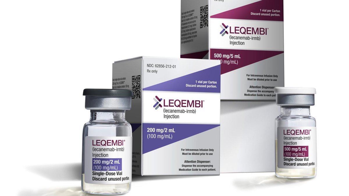 A product image of Leqembi injection packaging and vials, showing the product's details, including dosage (200 mg/2 mL and 500 mg/5 mL) and the medical purpose as an intravenous infusion for Alzheimer's treatment.