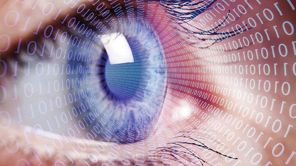 A close-up of an eye with a futuristic overlay of binary code (ones and zeros) spiraling towards the pupil, symbolizing the intersection of technology and vision.