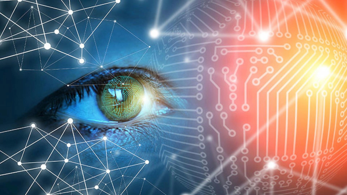 Digital artwork showing a close-up view of a human eye overlaid with circuit board patterns and a network grid, illustrating a concept of technology integration with human perception.