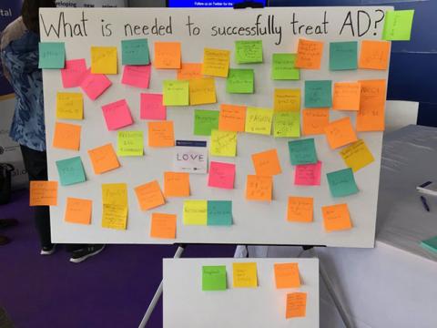 Sticky notes on a board with ideas for solving Alzheimer's.