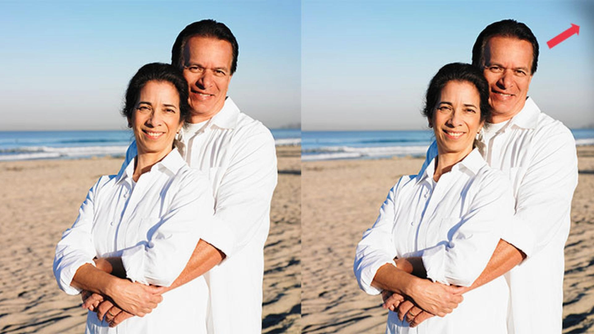 Two adults in white shirts smiling and embracing each other on a sandy beach, with the ocean and clear sky in the background. The image on the right includes a red arrow pointing to a darkened area in the periphery.