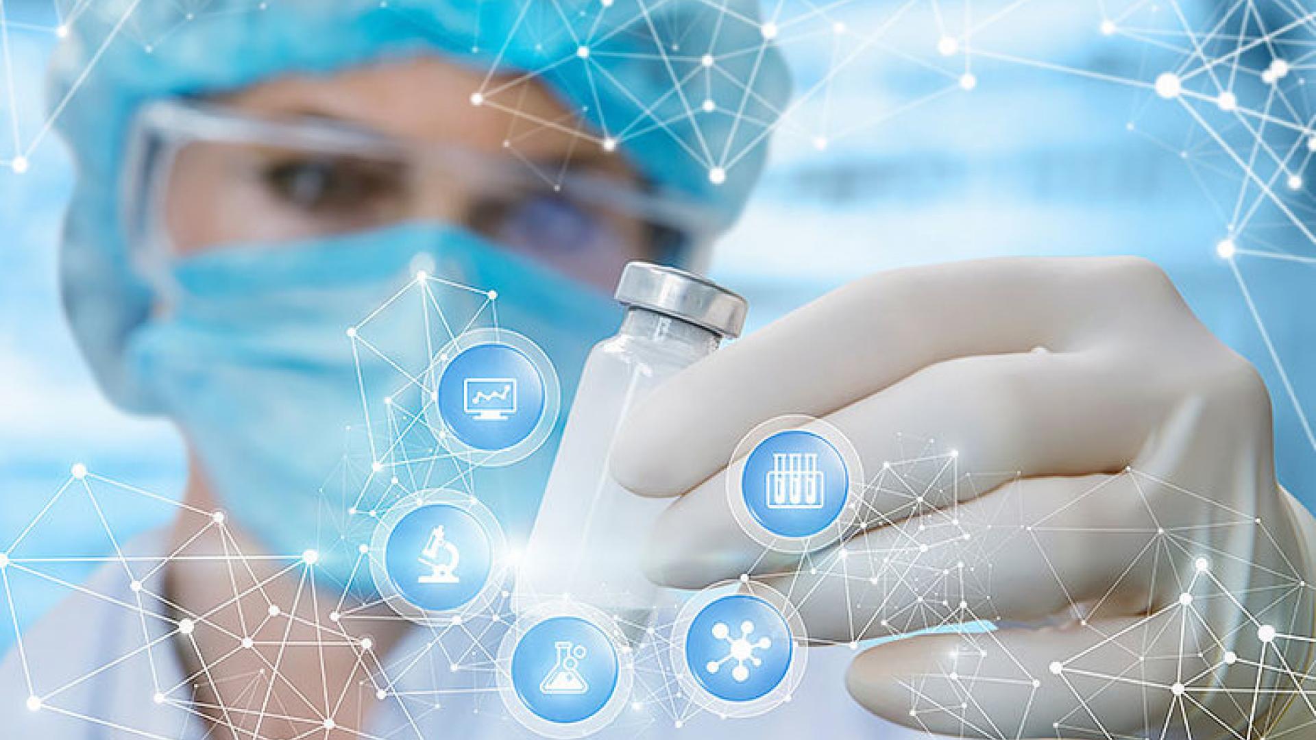 A researcher in a lab coat, wearing protective gloves and a mask, holds a vial while examining it closely. Digital icons representing scientific research, data analysis, and laboratory equipment are overlaid, symbolizing the connection between medical research, innovation, and biotechnology.