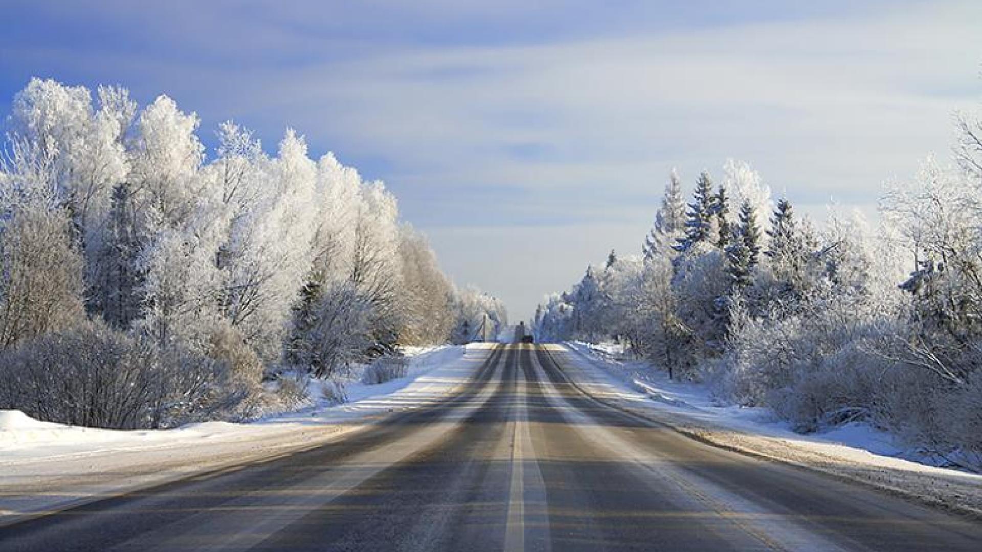 An open road during the wintertime with snow covering trees.