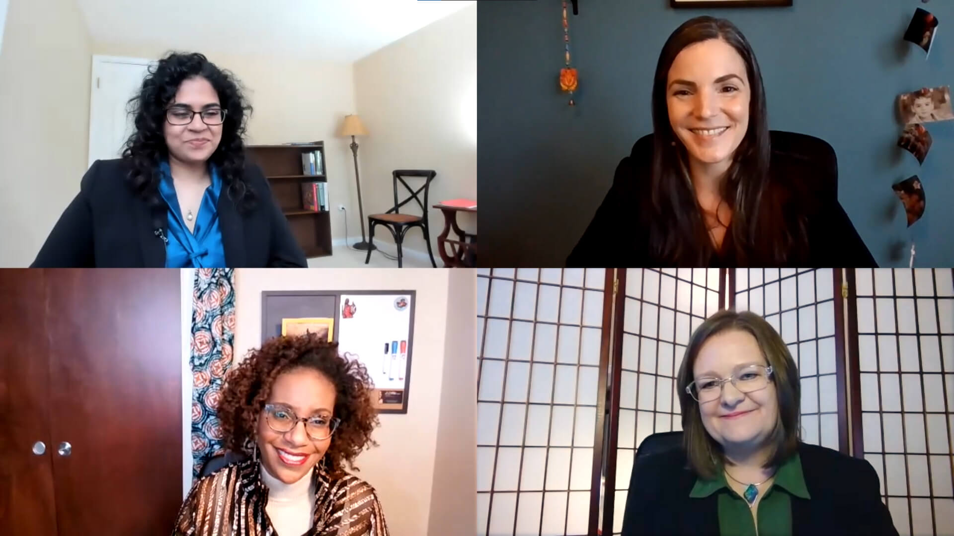 Computer screen shot of Diane Bovenkamp, PhD, Preeti Subramanian, PhD, Sharyn Rossi, PhD, and Tonya M. Matthews, PhD.