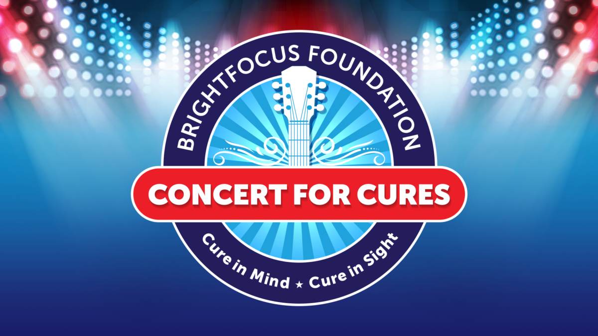 BrightFocus Foundation's Concert for Cures logo with a guitar and tagline 'Cure in Mind, Cure in Sight.'