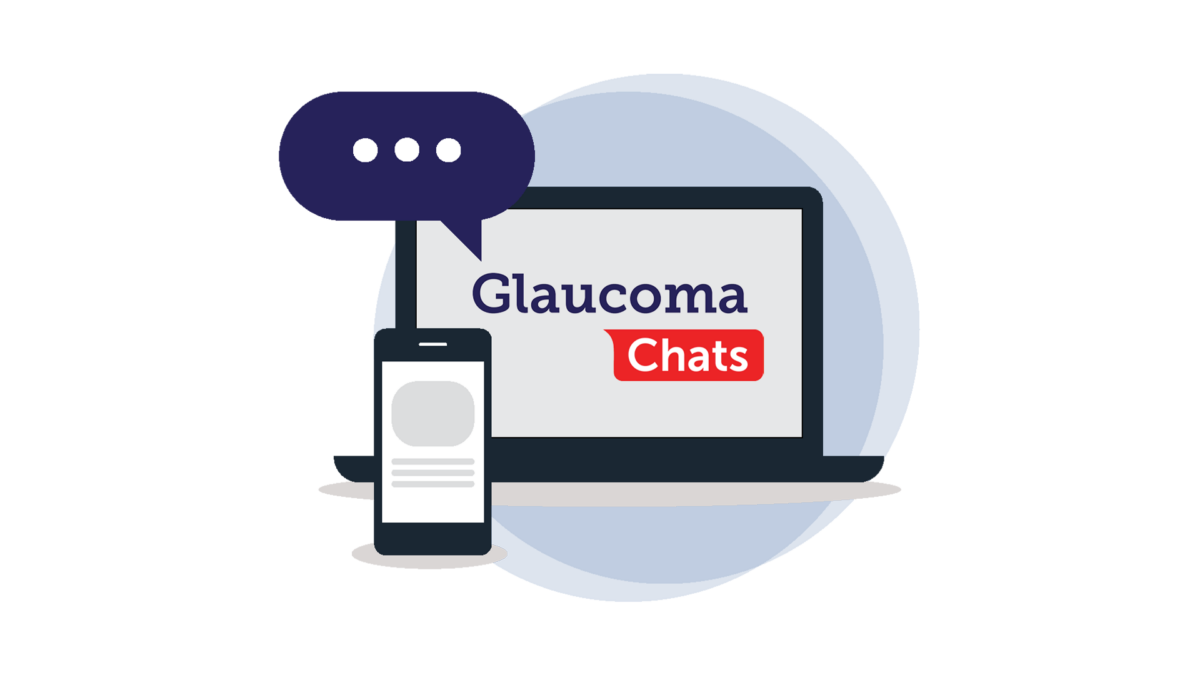 Illustrated computer and mobile phone with the text "Glaucoma Chats" on the computer screen.