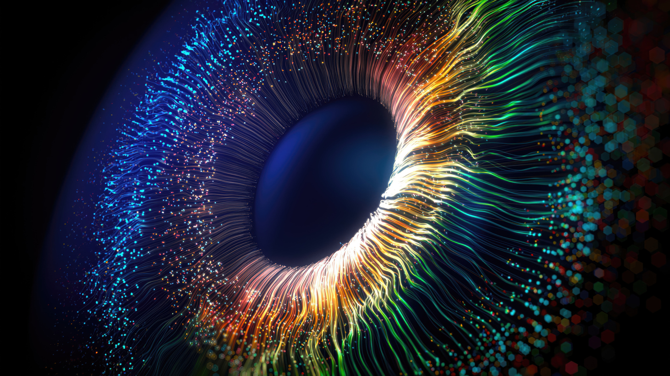 A vibrant 3D rendering of an iris, with multicolored light strands radiating from the dark pupil. The colors range from blue and green to orange and yellow, creating a dynamic, futuristic look.