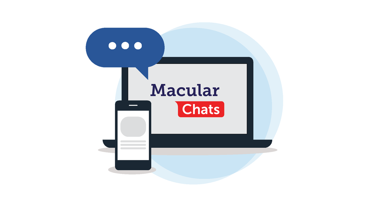 A graphic of a laptop and phone with the text Macular Chats.