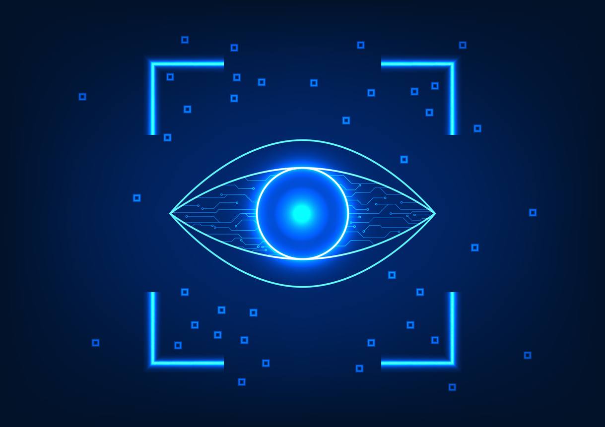 Eye technology scanning data security technology that identifies and assesses personal data. The inner eye is a technology circuit with an eye scan frame.