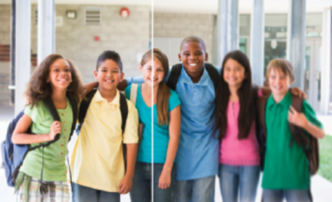 A group of school children with one side of the image blurrier than the other to showcase how glaucoma affects vision.