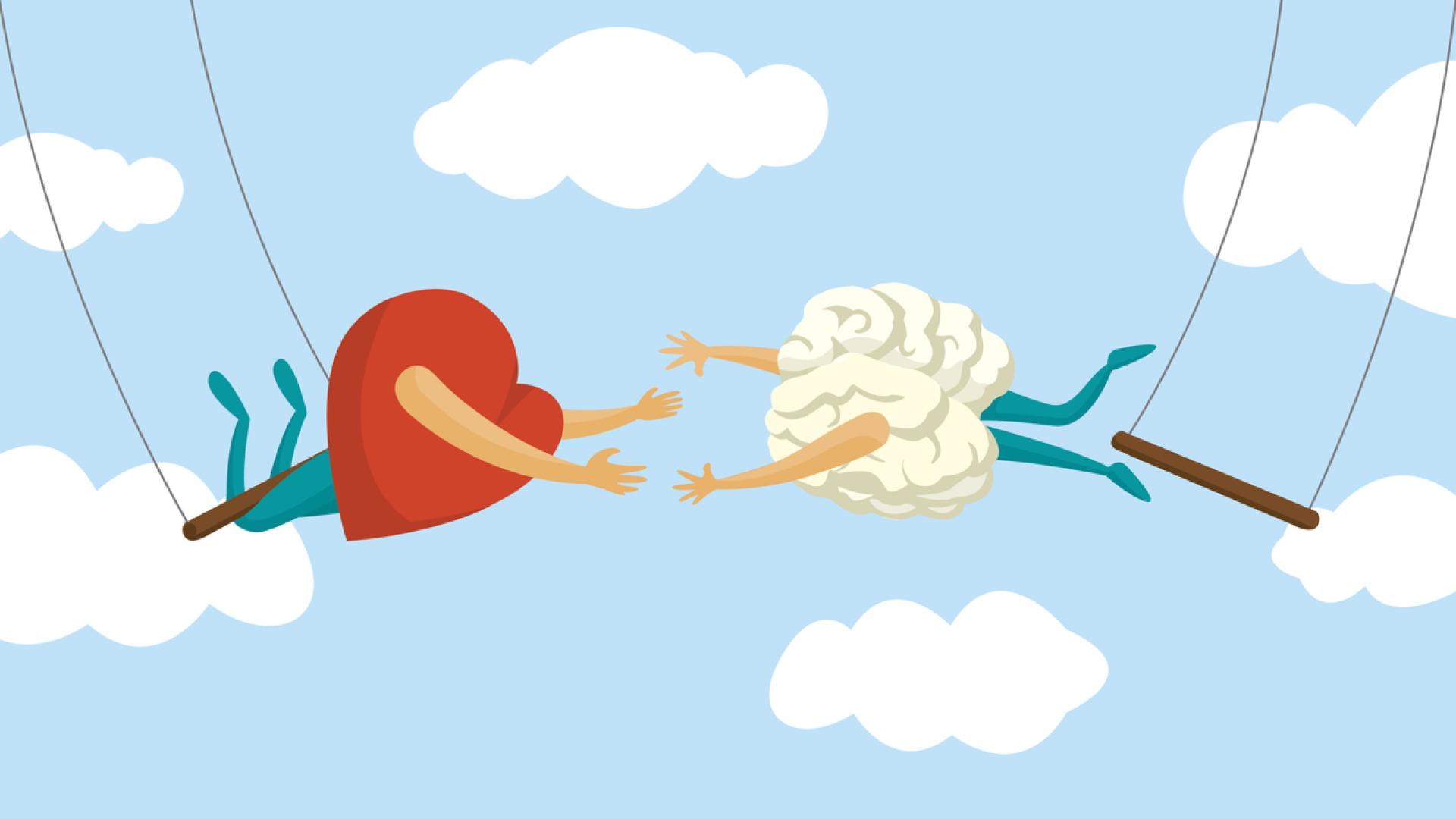 Illustration of a whimsical trapeze act between a heart and a brain in a blue sky with fluffy white clouds. The heart, depicted with arms and legs, reaches out to grasp the hands of the brain, which also has arms and legs, as they swing through the air on trapeze bars.